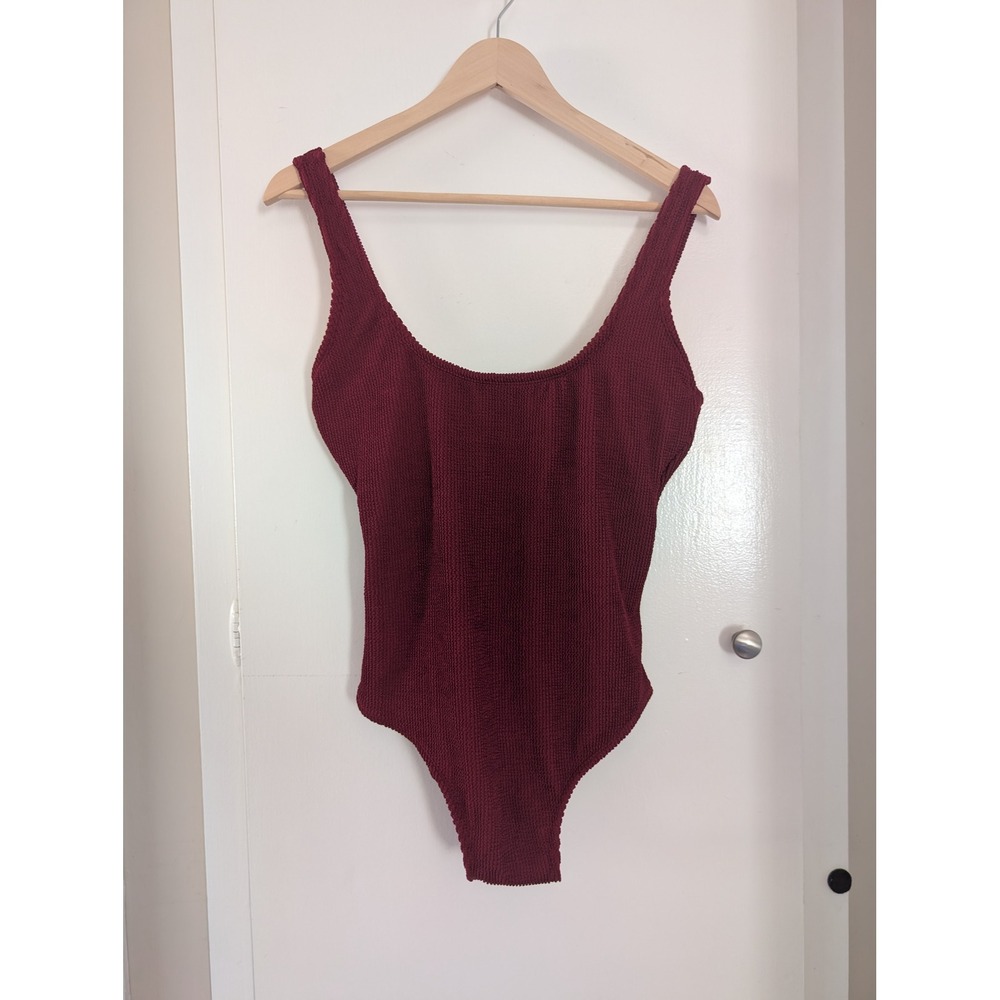 Kona Sol Burgundy Crinkle Textured One Piece Swimsuit Scoop Neck Tie Back New L